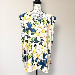 J.Crew XL Sleeveless Floral Watercolor Blouse Cream Blue Art to Wear Summer Top